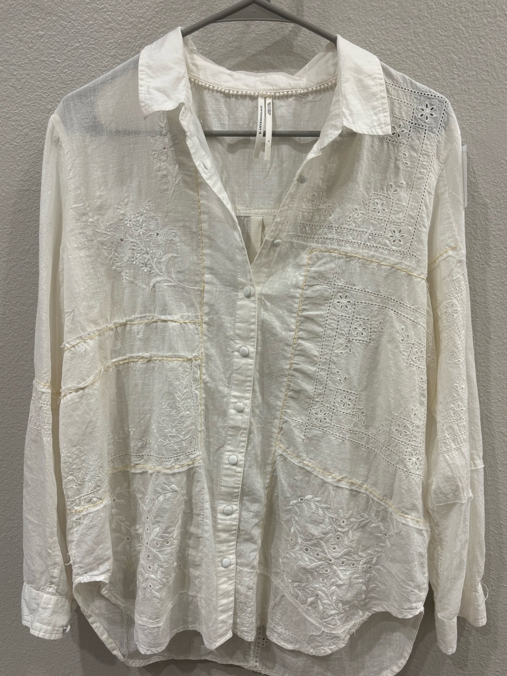 Anthropologie Ivory Lace-Panel Button-Down Shirt